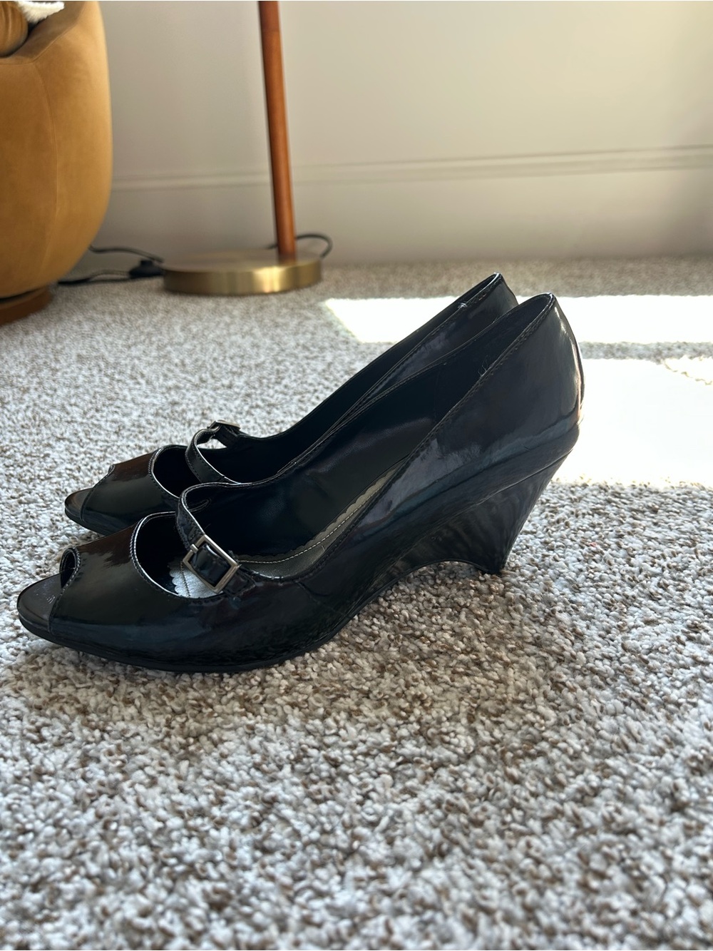 Predictions Black Patent Peep-Toe Wedge Pumps with Buckle Accent